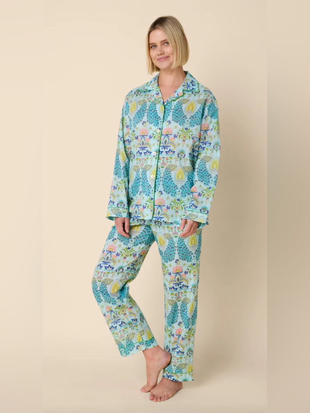The Cat’s Pajamas Printed Cotton Pajama Set - Peacock - long sleeve + pants